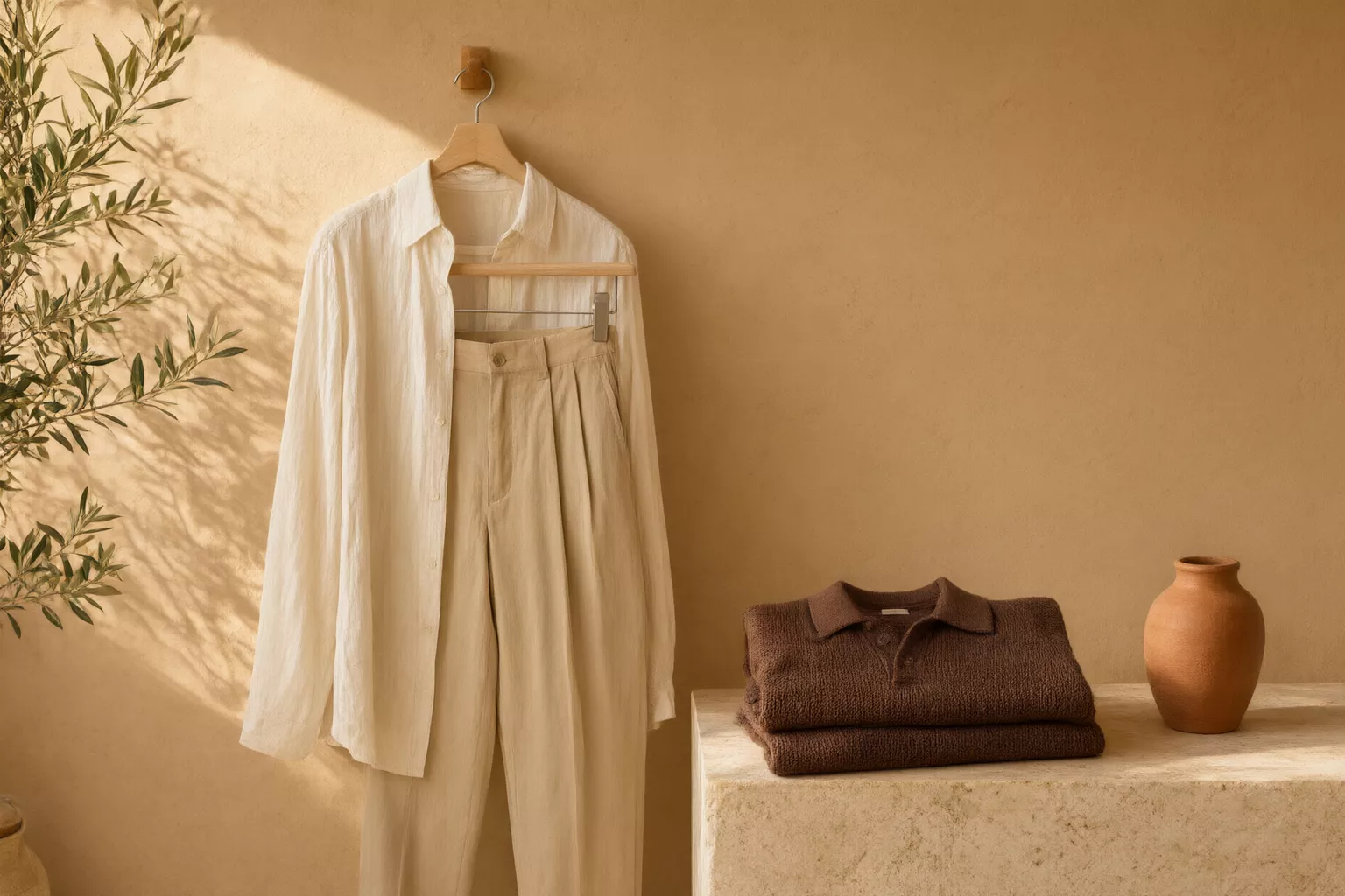 Contre un mur ocre : la chemise en lin et le pantalon à pinces sur un même cintre, le polo en maille plié sur une pierre.